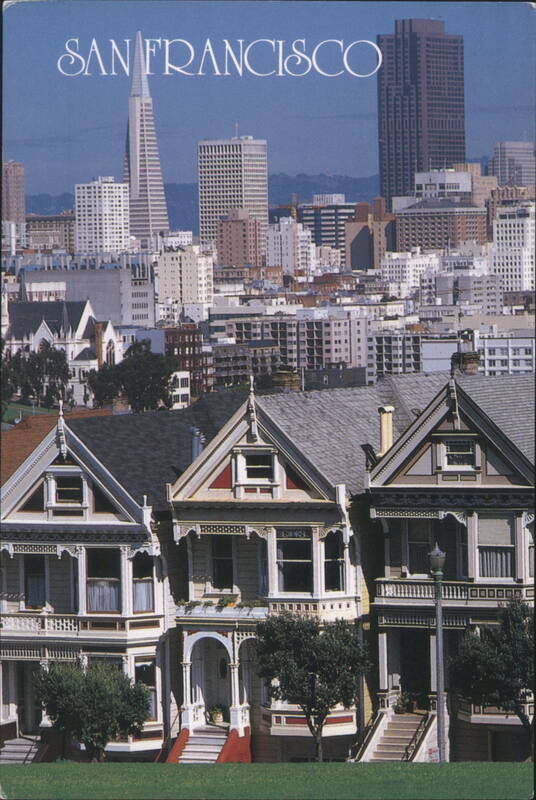 Colorful Victorian Homes, Steiner Street, City Skyline San Francisco California