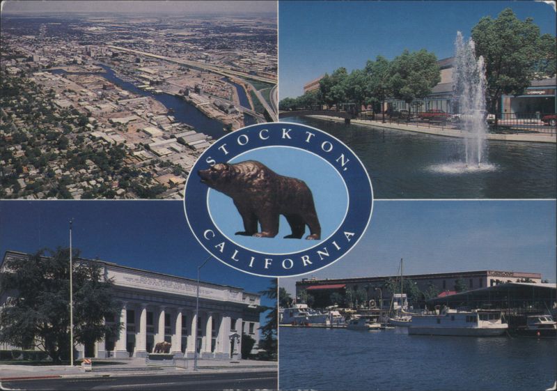 Stockton California Aerial Views, Waterfront, Bear Emblem