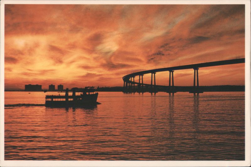 San Diego-Coronado Bay Bridge Sunset, Boat on Bay California