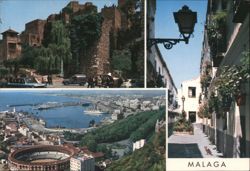 Málaga City Views: Alcazaba, Harbor, Bullring, Street Scene Postcard