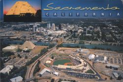 Sacramento CA Aerial View, Raley Field, Ziggurat Building Postcard