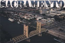 Sacramento CA Tower Bridge & Old Sacramento Aerial View Postcard