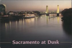 Sacramento at Dusk, River, Bridges, City Skyline Postcard