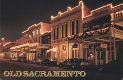 Old Sacramento Gold Rush-era Buildings Night View Postcard