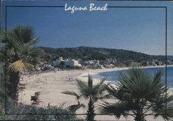 Laguna Beach, CA - Sandy Beach, Palm Trees & Coastal Town Postcard