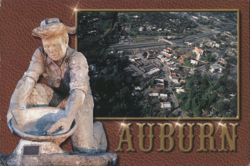 Auburn CA Gold Panner Sculpture & Aerial View Postcard