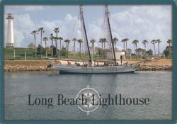 Long Beach Lighthouse, Tall Ship, Palm Trees Postcard