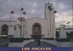 Union Station Front Entrance, Clock Tower, Palm Trees Postcard