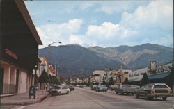 Monrovia CA Park Plaza Street Scene, Foothills View Postcard