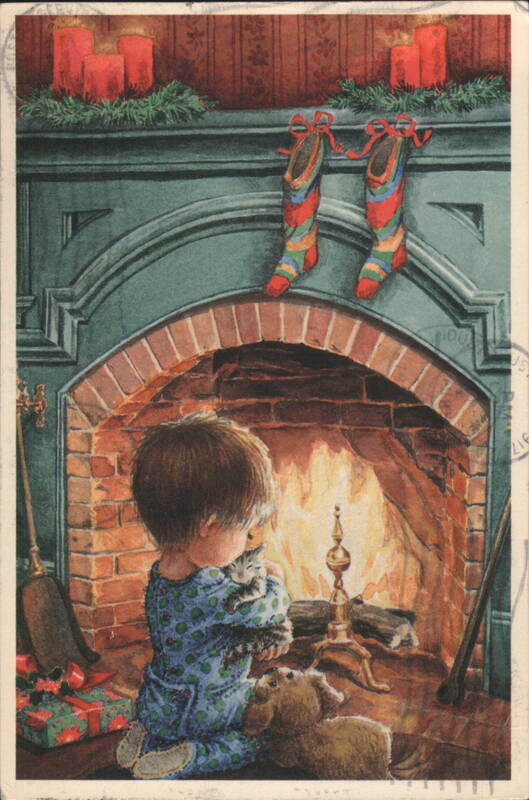Child & Kitten by Fireplace, Christmas Stockings Children