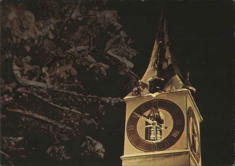 Zürich St. Peter Clock Tower Snow Night Switzerland