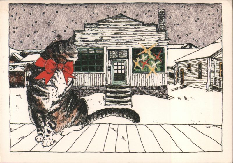 Christmas Cat with Red Bow, Snowy House, Stars Karen Blessen