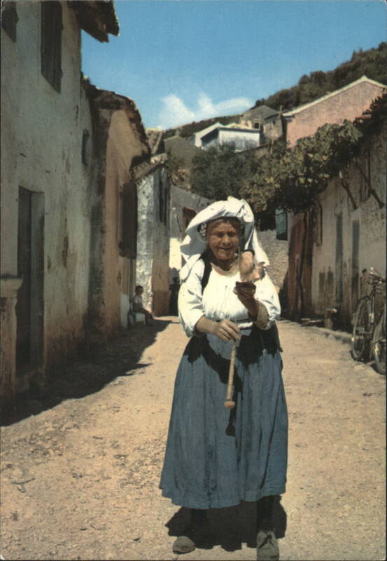 Corfu Peasant Woman with Spindle, Village Street Greece