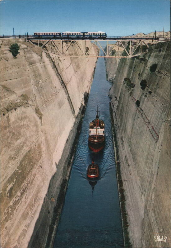 Corinth Canal, Train Bridge, Ship & Tugboat Greece