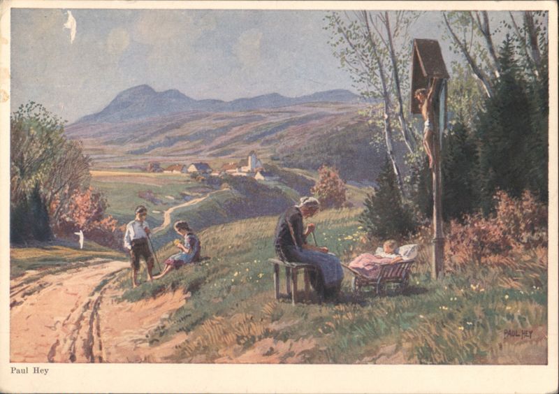 Paul Hey: Sunday Rural Scene with Crucifix Art