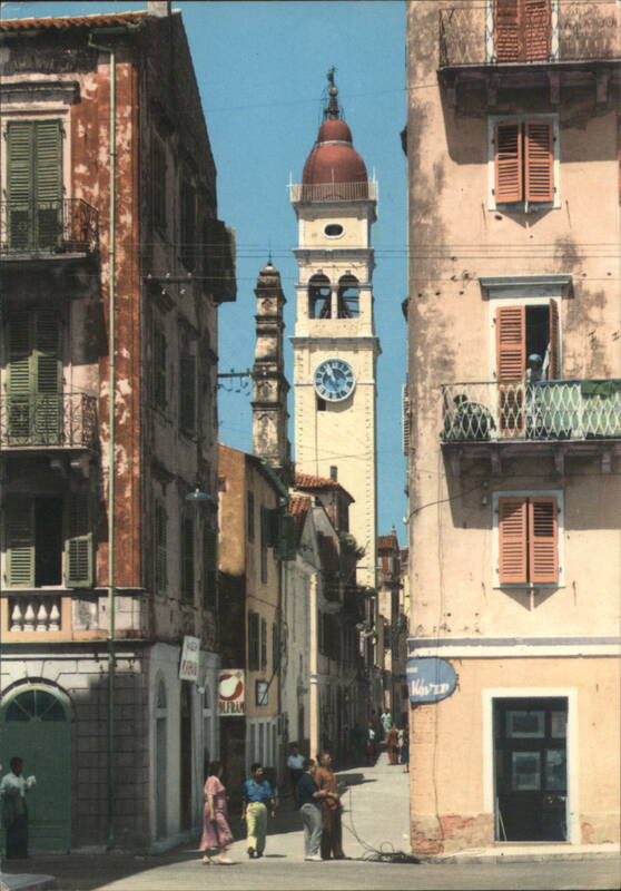 Corfu Street View, St. Spiridon Church Clock Tower Greece