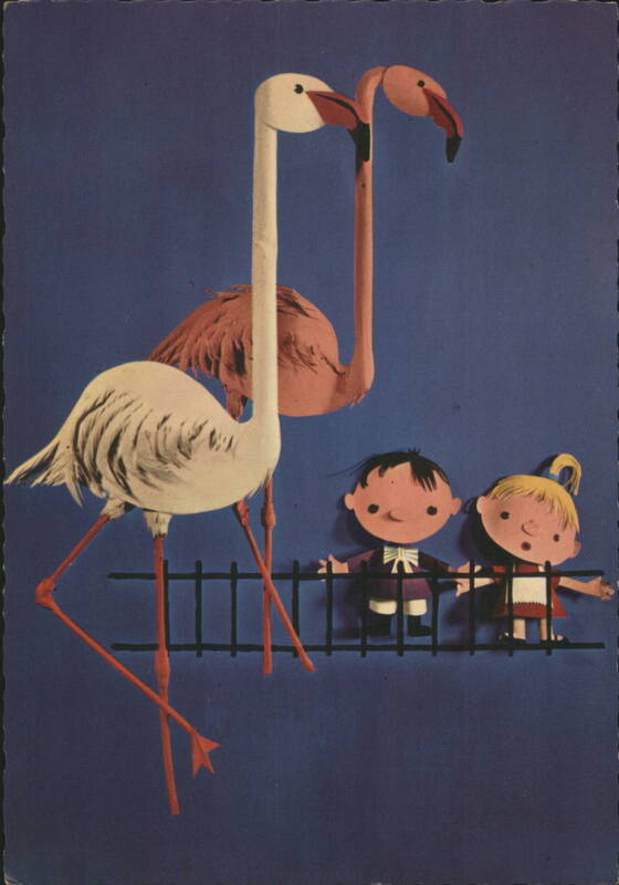 Flamingos and Children Behind Fence Illustration Birds