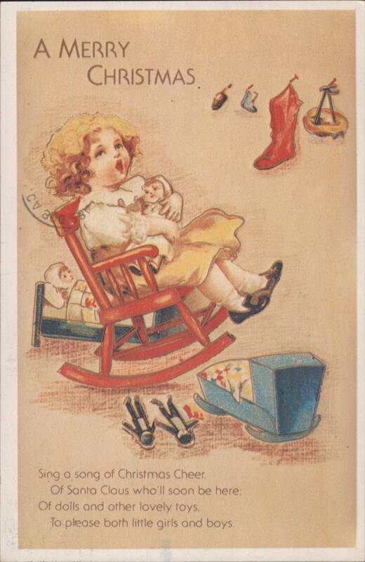A Merry Christmas: Girl in Rocking Chair with Dolls & Toys