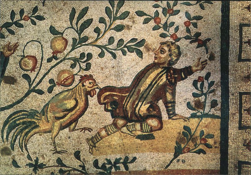 Piazza Armerina Mosaic: Boy, Rooster, Pomegranates Italy