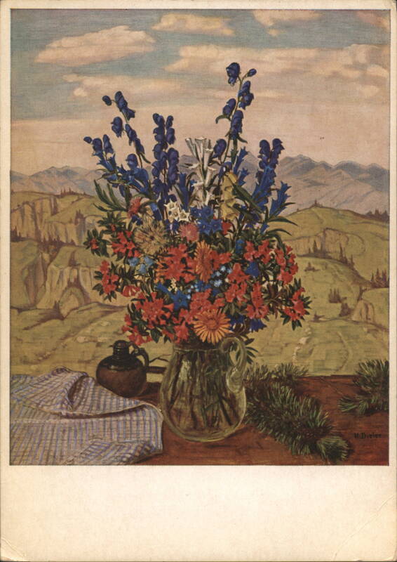 Still Life Flowers, Blue & Red Bouquet, Mountain Landscape
