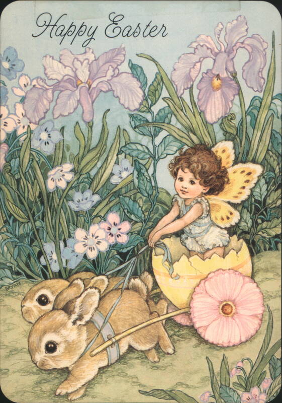 Happy Easter Fairy in Egg Cart with Bunnies & Flowers