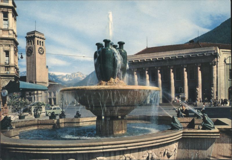 Bolzano Station Square Fountain & Clock Tower Italy