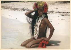 Smiling South Seas Girl, Floral Headdress & Lei, Beach Postcard