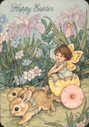 Happy Easter Fairy in Eggshell Cart Pulled by Bunnies Postcard