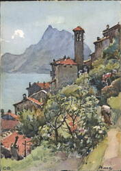 Gandria Village Lake Mountain Bell Tower Watercolor Postcard