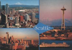 Seattle WA Skyline Space Needle Mt. Rainier Chrome Postcard Postcard