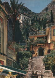 Taormina Hillside Houses, Stairs, Craggy Mountain View Postcard