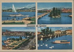 Souvenir de Genève, Jet d'Eau, Ile Rousseau, Mont-Blanc Postcard