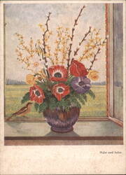 Still Life Flowers Vase Bird, Painted with Foot Postcard