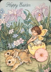 Happy Easter Fairy in Egg with Bunnies and Flowers Postcard