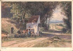 Paul Hey: At the Fountain with Cows and Figures - Idyll Postcard