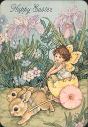 Happy Easter Fairy in Egg Cart with Bunnies & Flowers Postcard