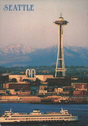 Seattle Space Needle, Ferry, Cascade Mountains Postcard