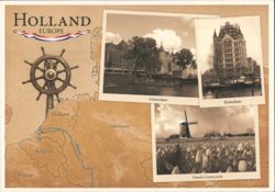 Holland Europe Map, Amsterdam, Rotterdam, Windmill, Tulips Postcard