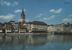 Zürich Limmatquai with Clock Tower View Postcard