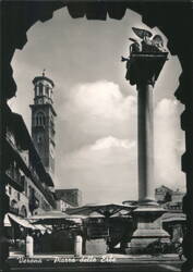 Verona Piazza delle Erbe, St. Mark's Lion, Lamberti Tower Postcard