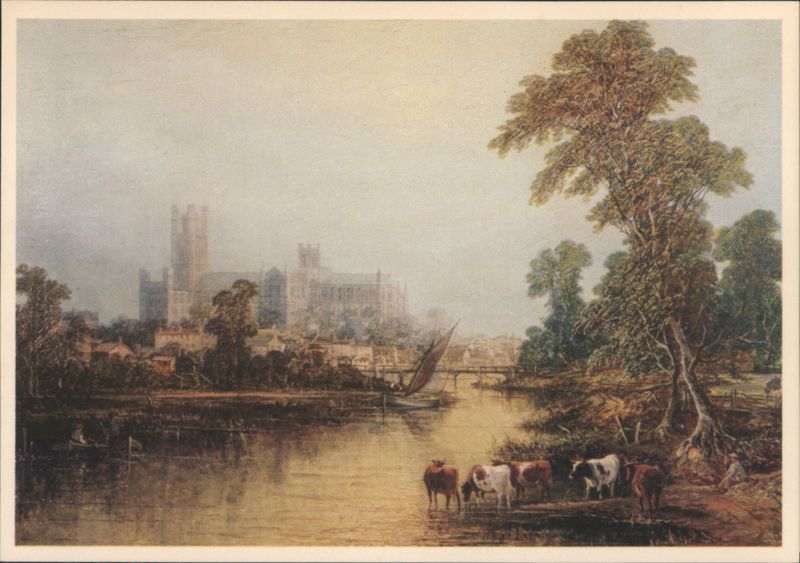 Ely Cathedral, River Scene with Cows & Sailboat United Kingdom