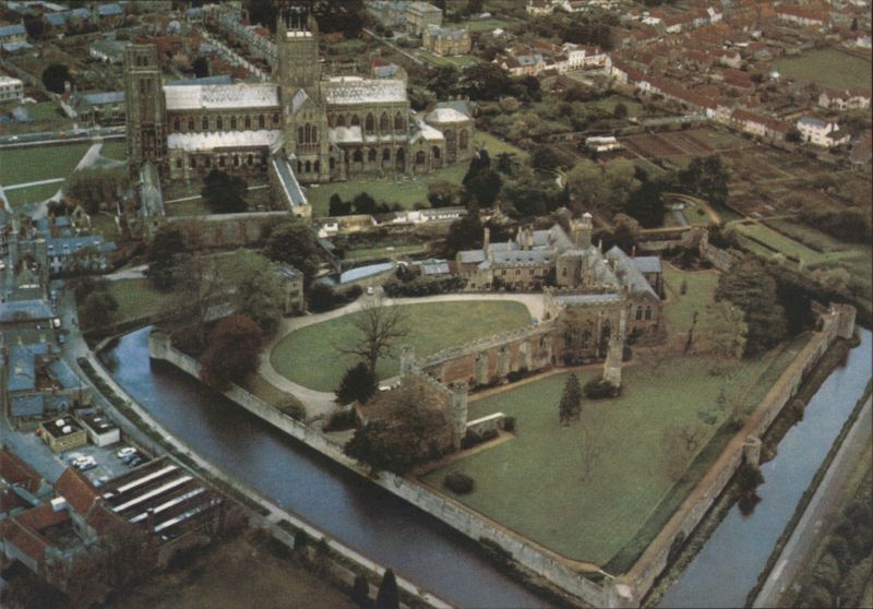 Aerial View of Wells Cathedral, Bishop's Palace and Moat United Kingdom