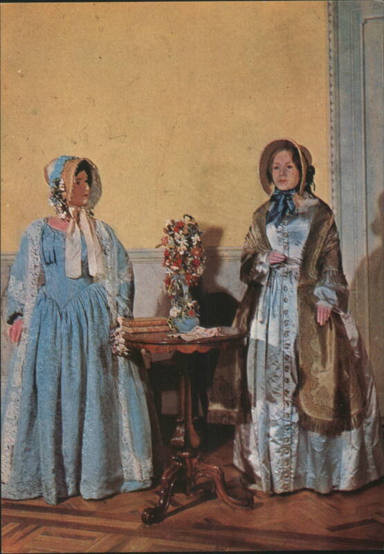 1842-1845 Carriage Dresses with Poke Bonnets