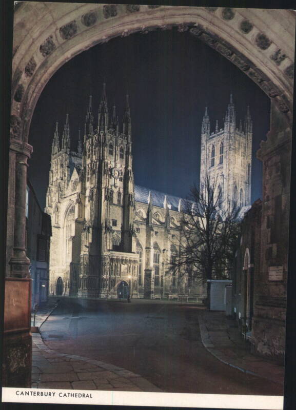 Canterbury Cathedral Floodlit through Christ Church Gate United Kingdom
