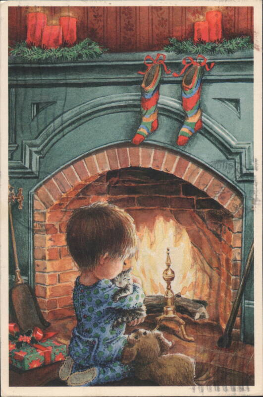 Child & Kitten by Fireplace, Christmas Stockings Children