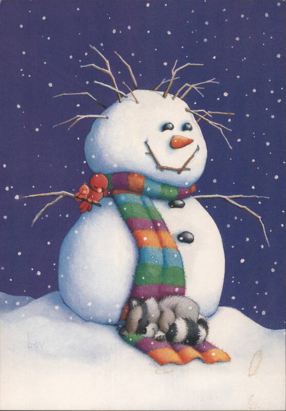 Happy Holidays Snowman with Raccoons & Birds bev Snowmen