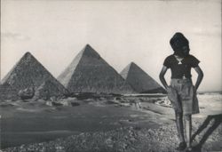 Pyramids in Desert Landscape, Figure with Covered Head Postcard