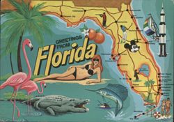 Greetings from Florida Map, Flamingos, Bikini Woman, Alligator Postcard