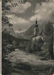Ramsau Church, River, Mountains near Berchtesgaden Postcard