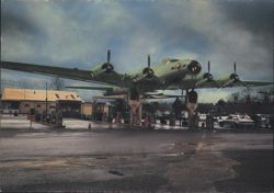 BOMBER GAS B-17 Bomber Over Gas Station Postcard